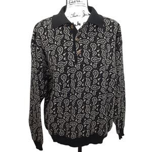 Vintage 80s Collared Polo Sweater Button Up Black Paisley Oversized Retro Funk